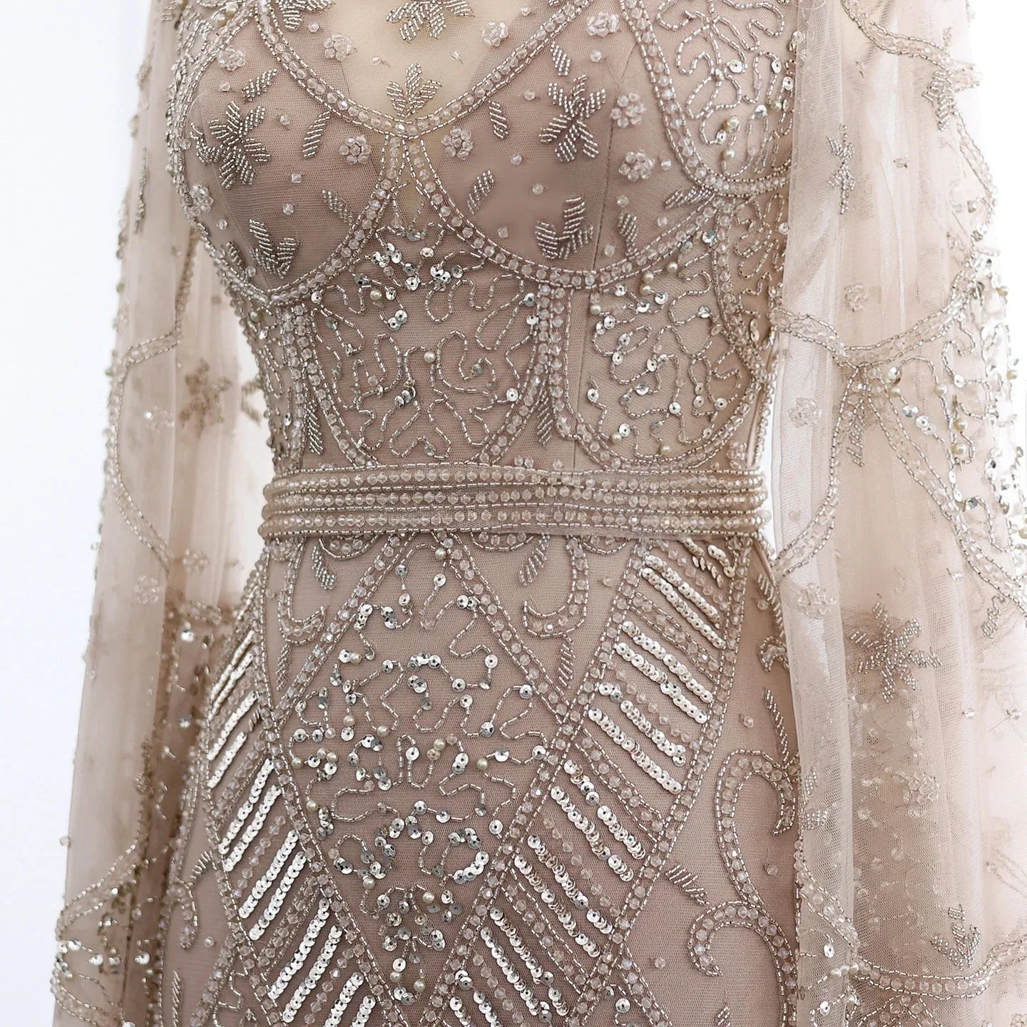 Black Beaded Flare Long Sleeves High Neck Gowns