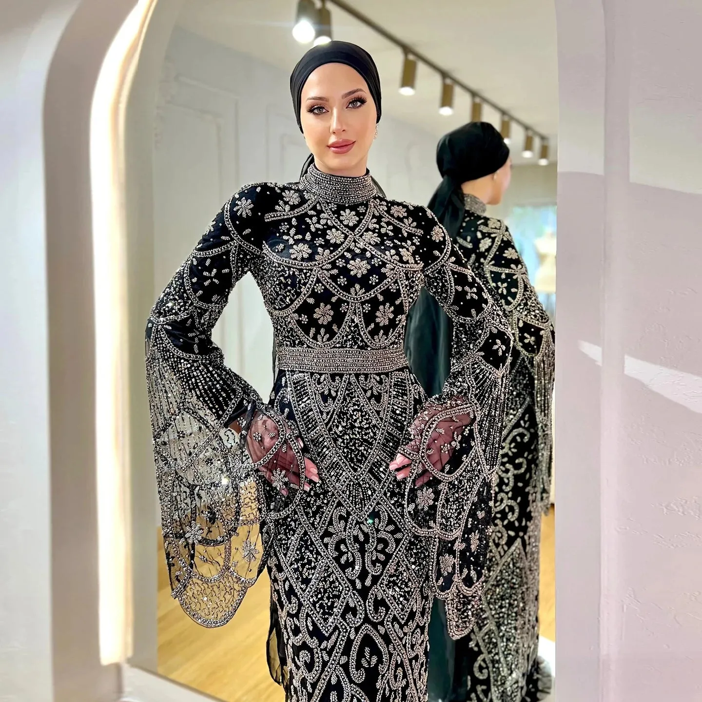 Black Beaded Flare Long Sleeves High Neck Gowns
