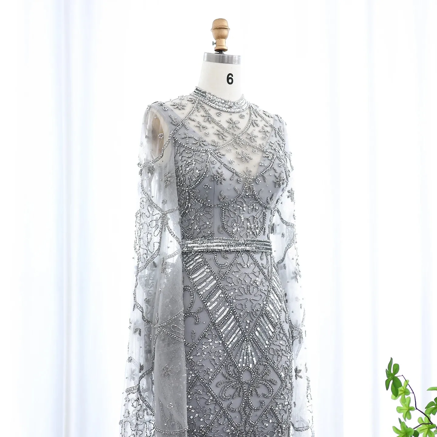 Black Beaded Flare Long Sleeves High Neck Gowns