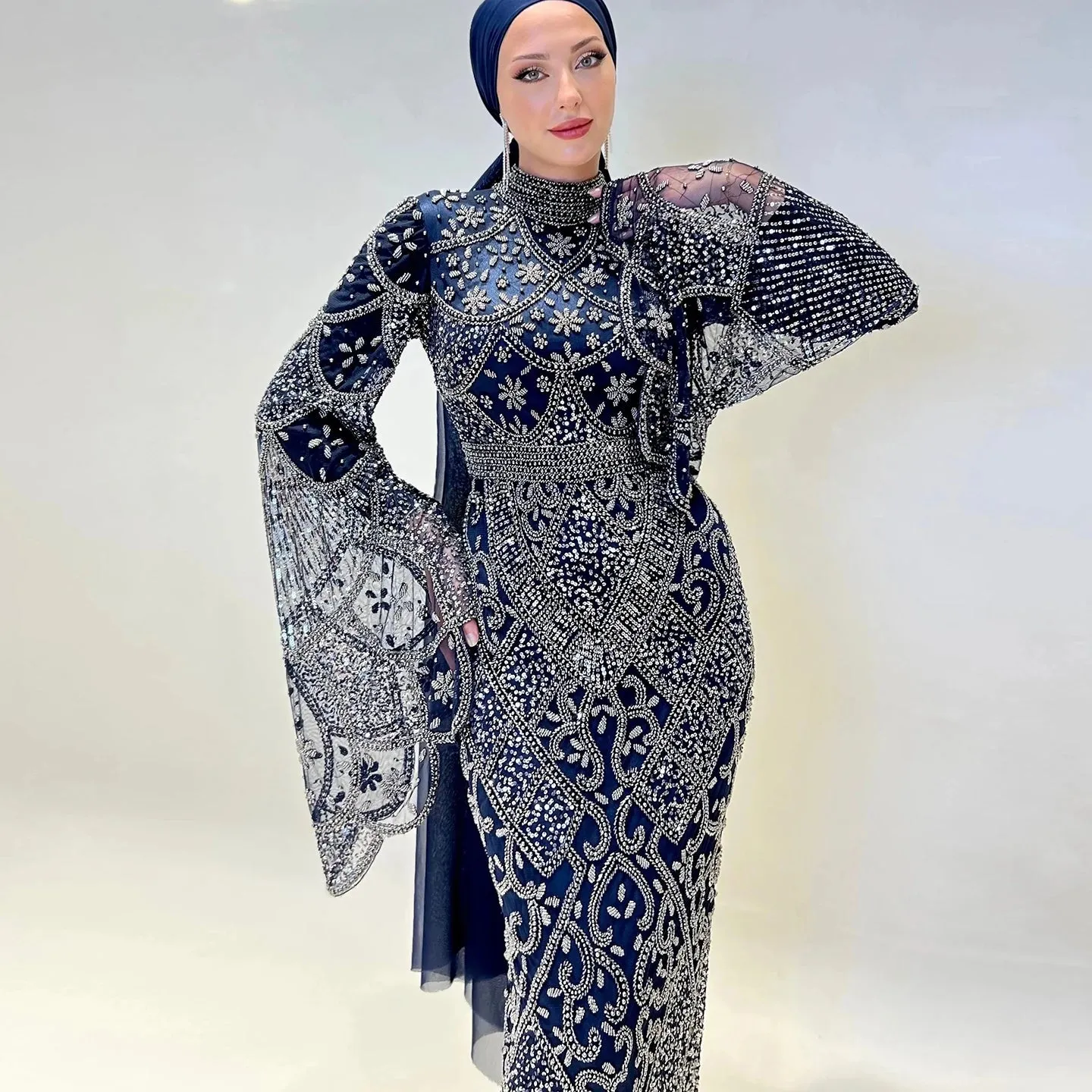 Black Beaded Flare Long Sleeves High Neck Gowns