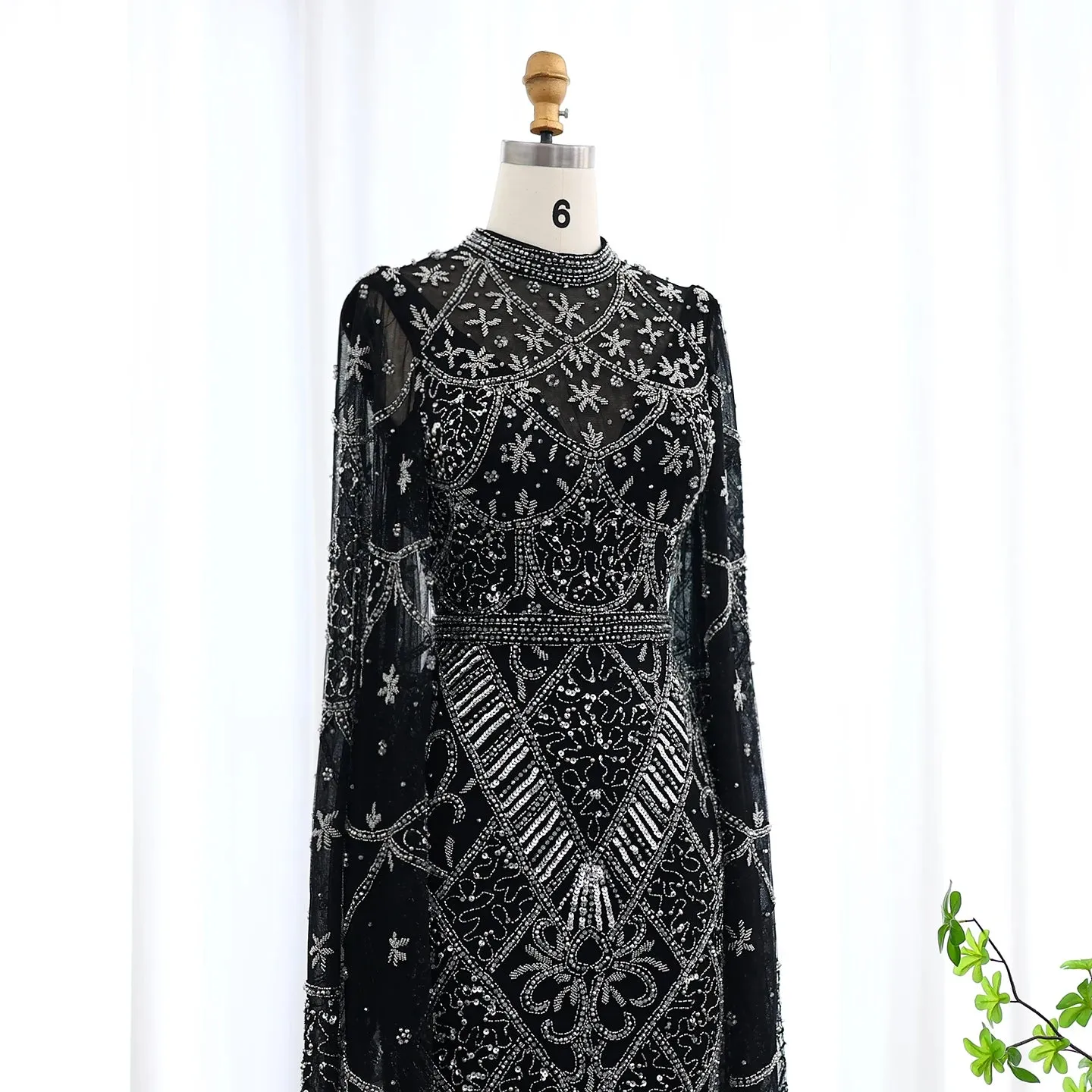 Black Beaded Flare Long Sleeves High Neck Gowns