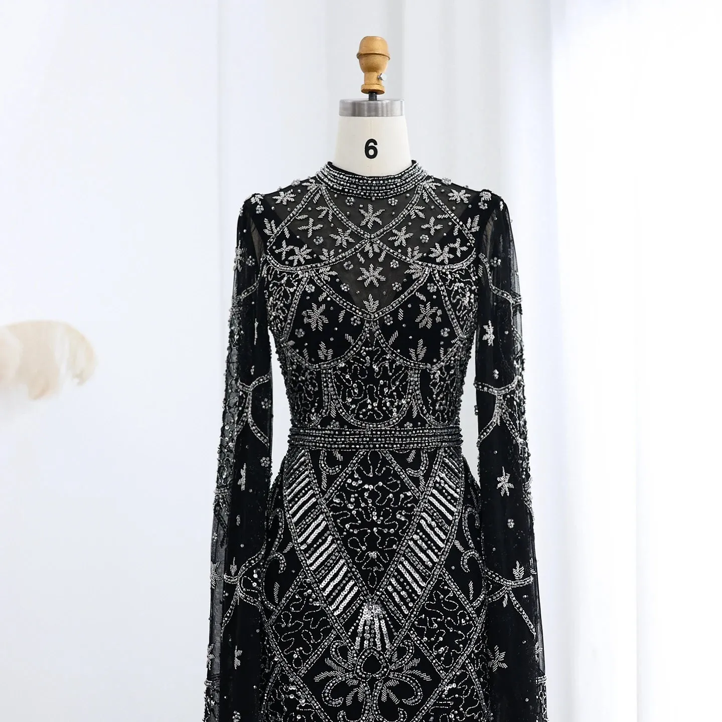 Black Beaded Flare Long Sleeves High Neck Gowns