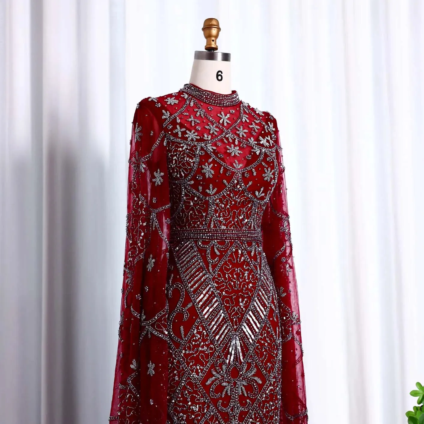 Black Beaded Flare Long Sleeves High Neck Gowns