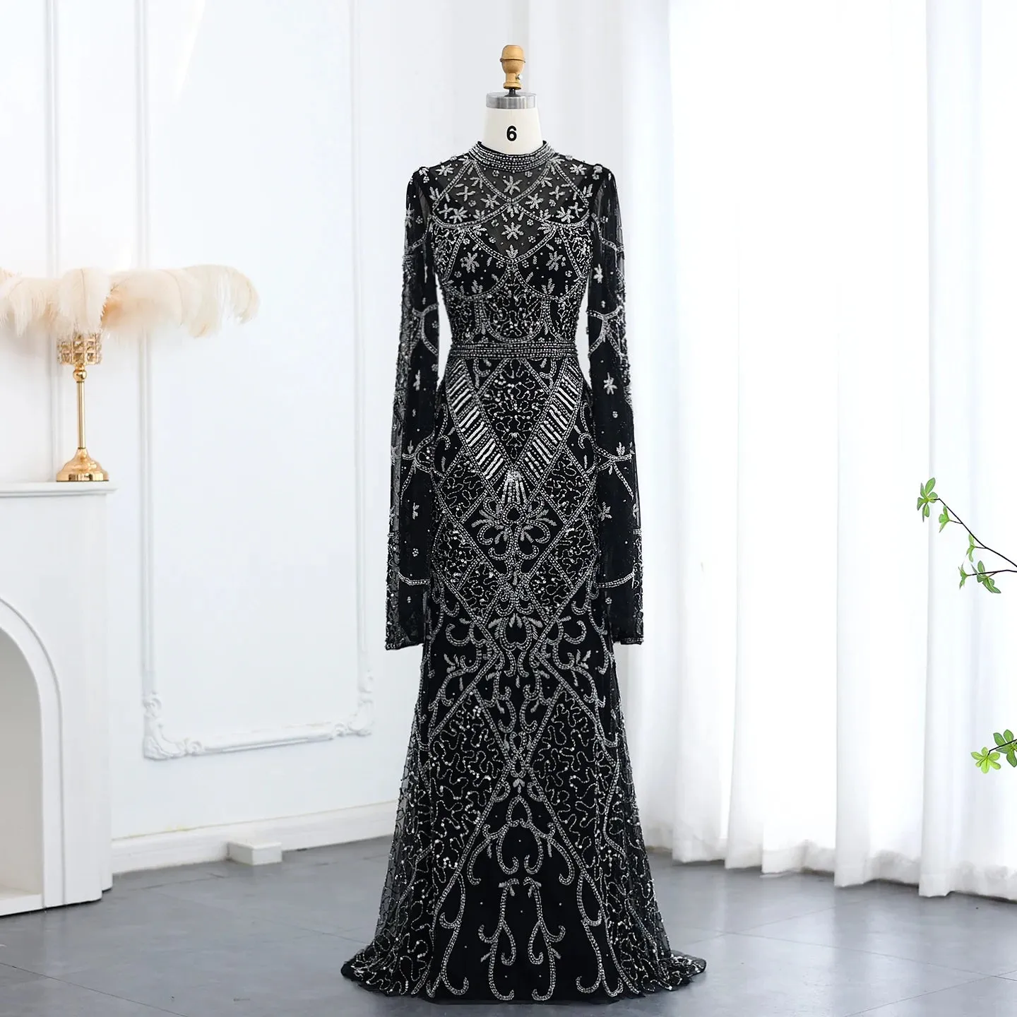 Black Beaded Flare Long Sleeves High Neck Gowns