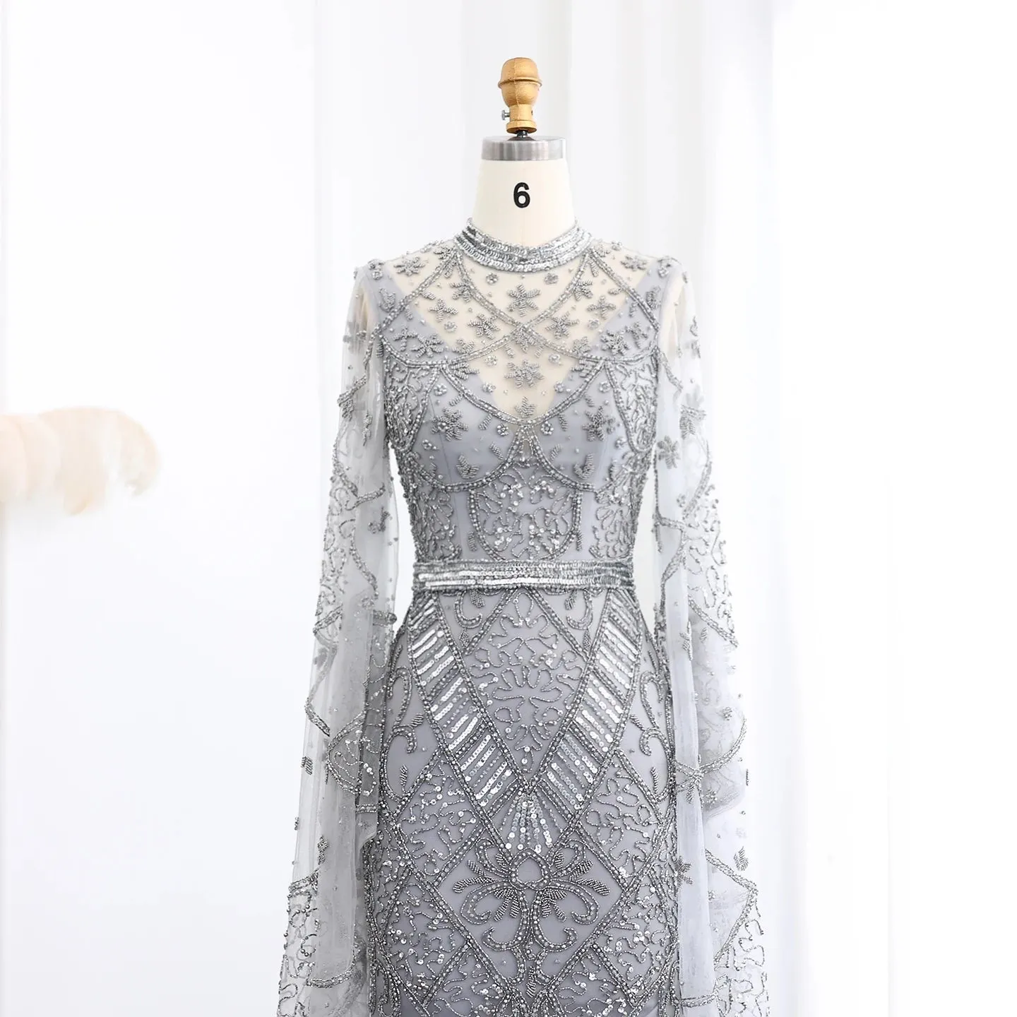 Black Beaded Flare Long Sleeves High Neck Gowns