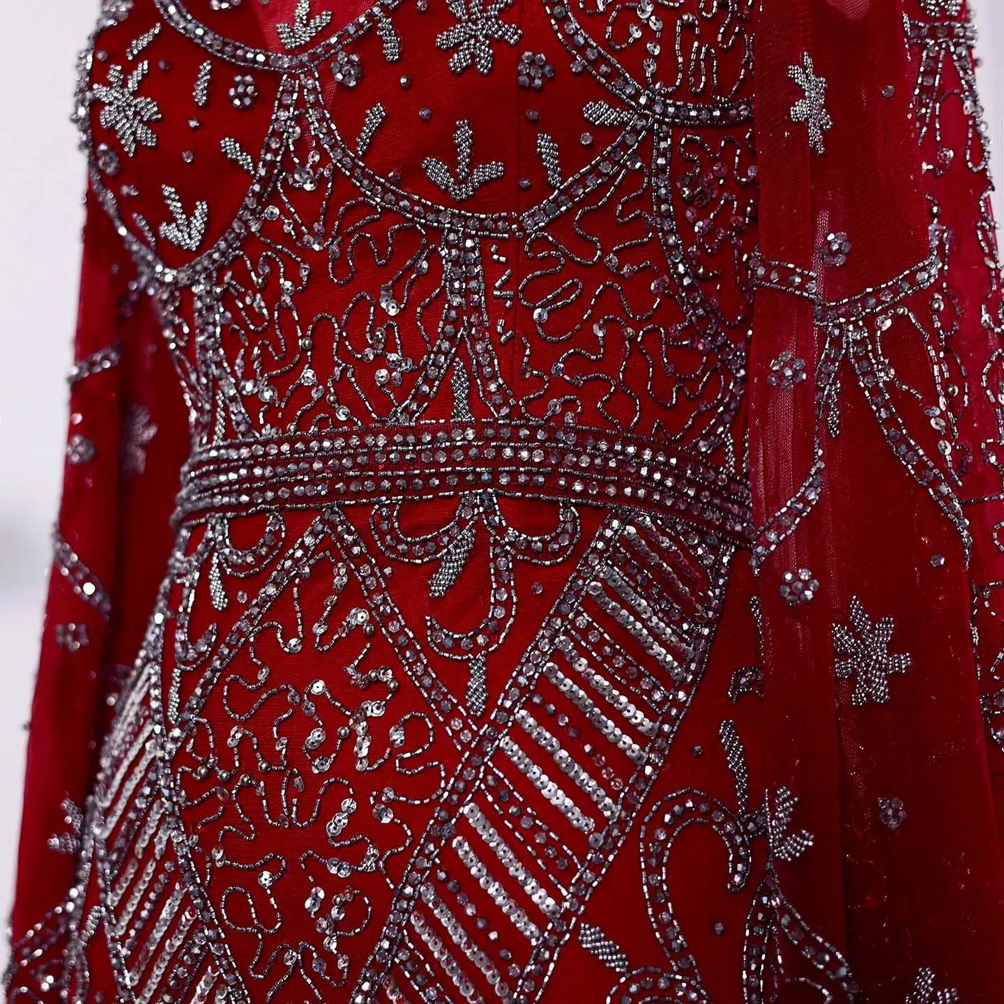 Black Beaded Flare Long Sleeves High Neck Gowns
