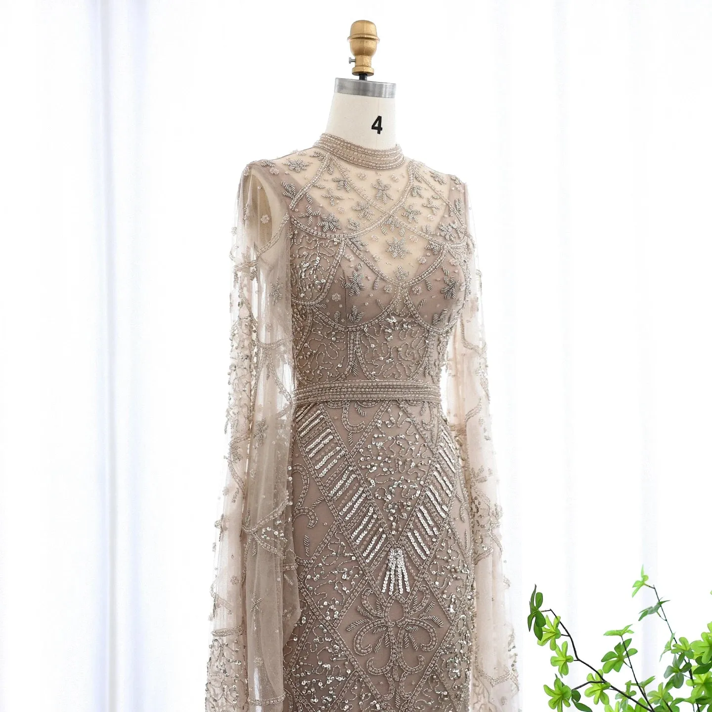 Black Beaded Flare Long Sleeves High Neck Gowns