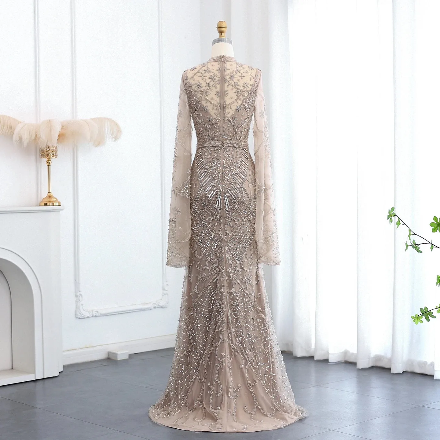 Black Beaded Flare Long Sleeves High Neck Gowns