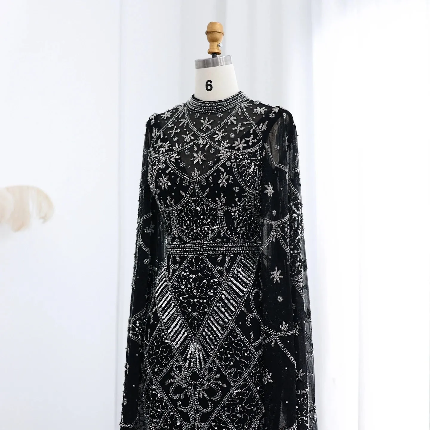Black Beaded Flare Long Sleeves High Neck Gowns