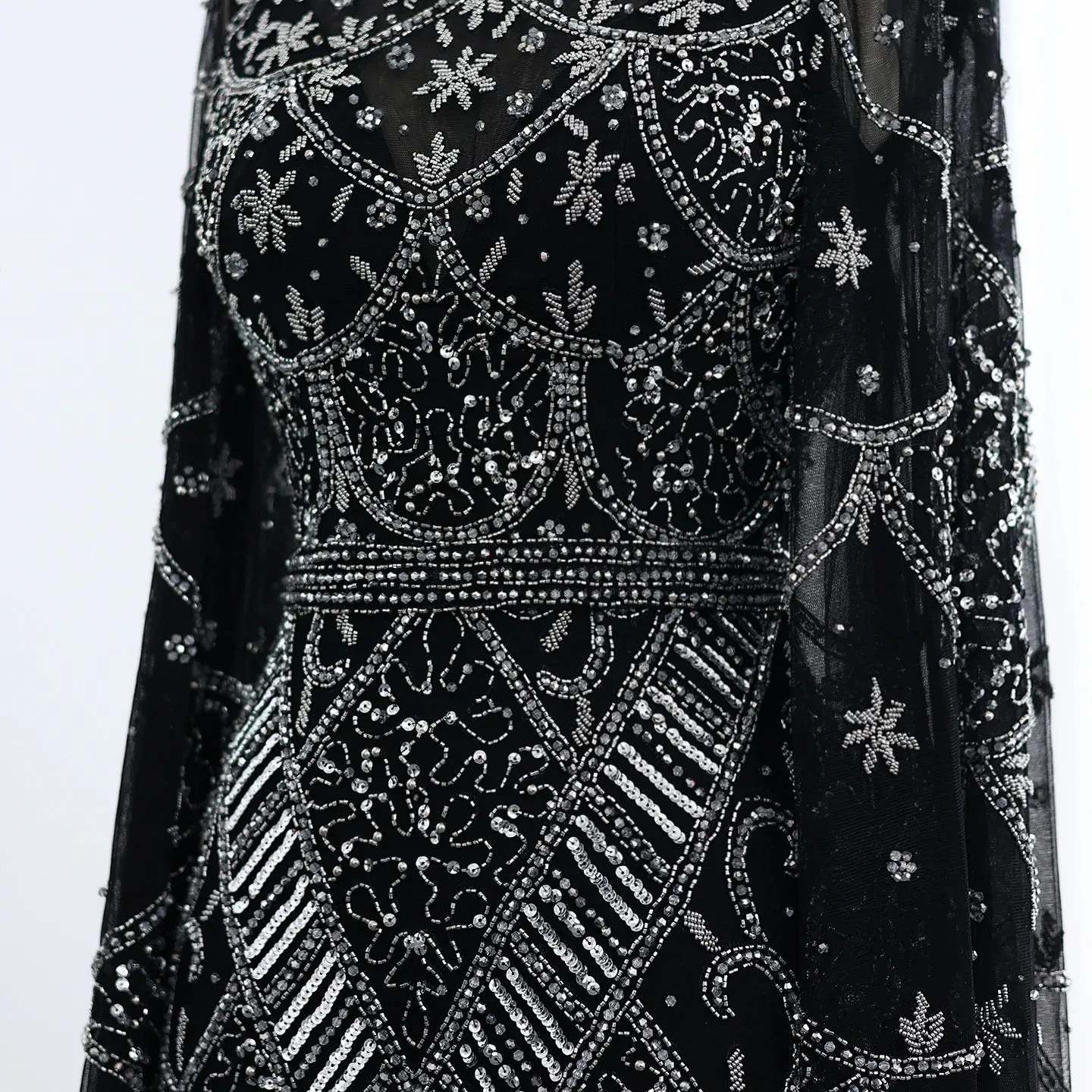 Black Beaded Flare Long Sleeves High Neck Gowns