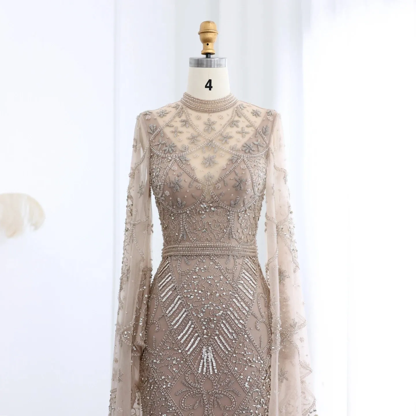 Black Beaded Flare Long Sleeves High Neck Gowns