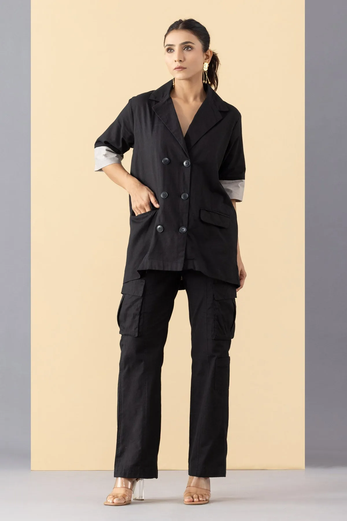 Black Cotton Blazer Set