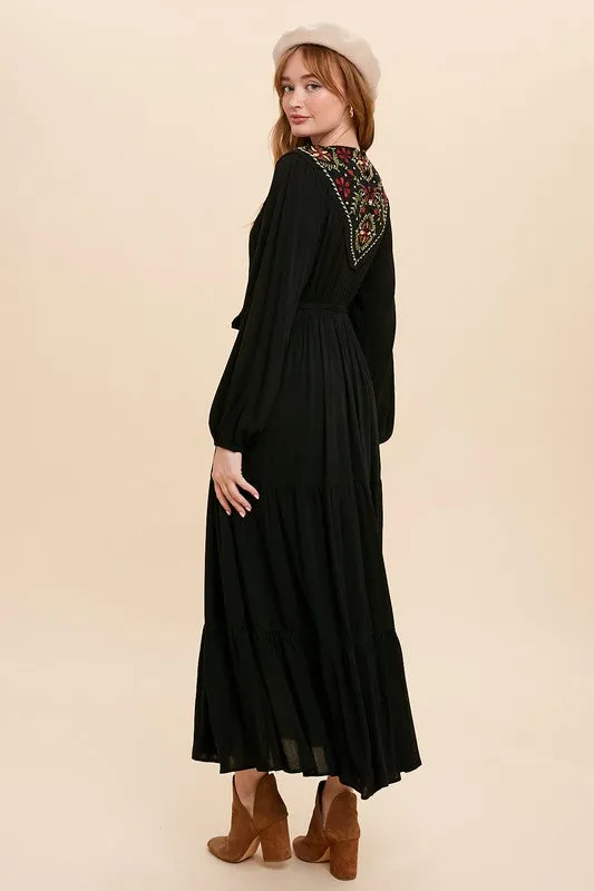 Black Embroidered Yoke Maxi Dress