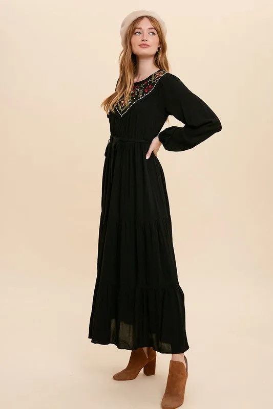 Black Embroidered Yoke Maxi Dress