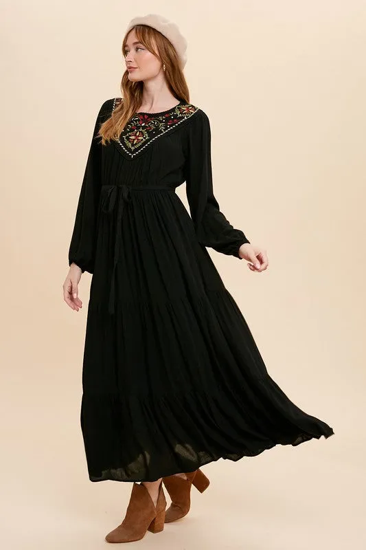 Black Embroidered Yoke Maxi Dress