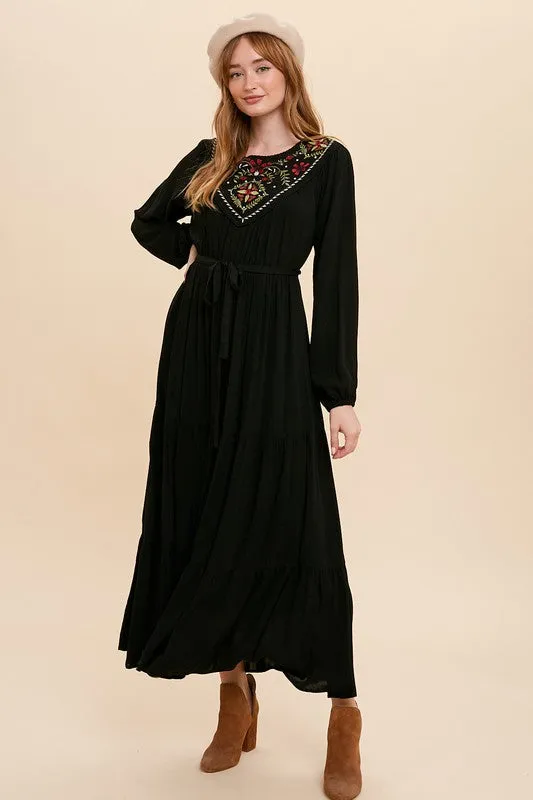 Black Embroidered Yoke Maxi Dress