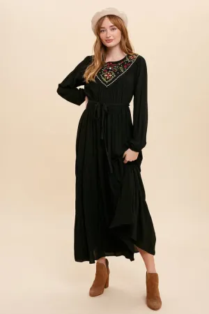 Black Embroidered Yoke Maxi Dress