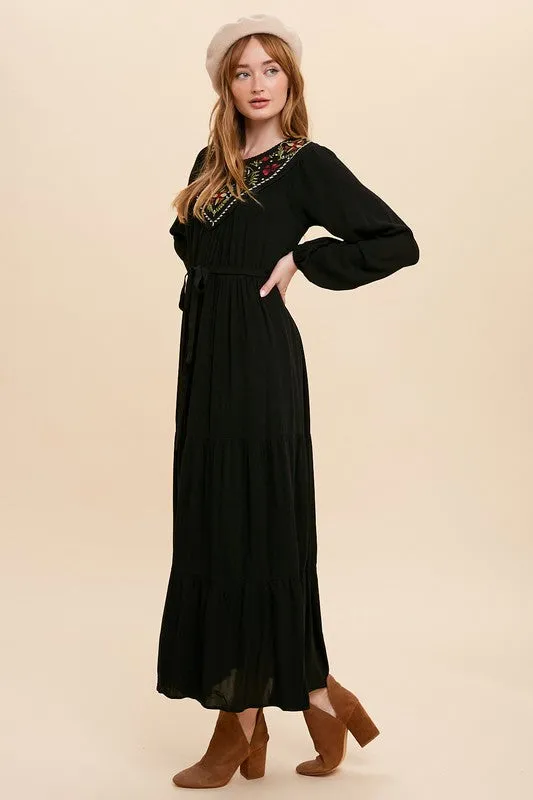 Black Embroidered Yoke Maxi Dress