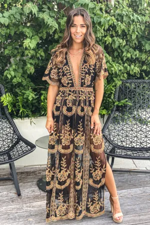 Black Multicolor Embroidered Lace Maxi Dress
