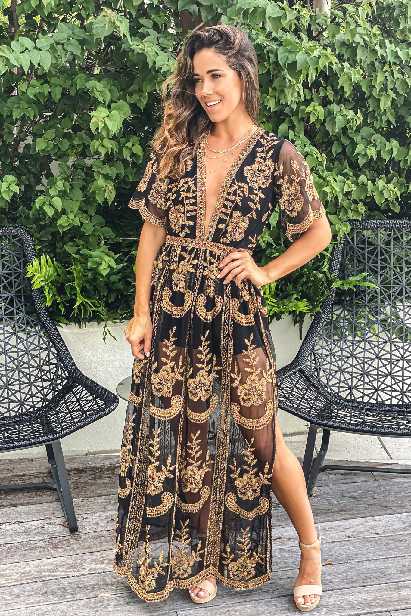 Black Multicolor Embroidered Lace Maxi Dress