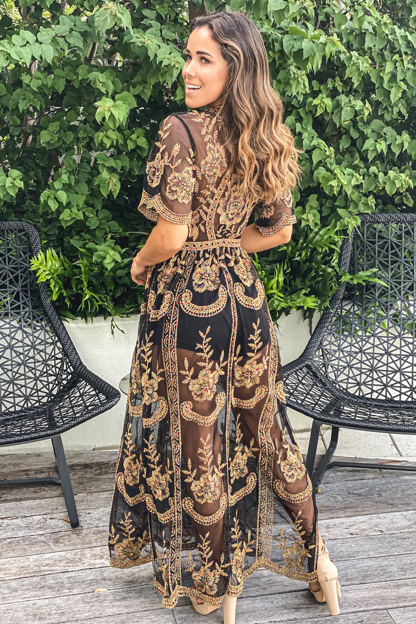 Black Multicolor Embroidered Lace Maxi Dress