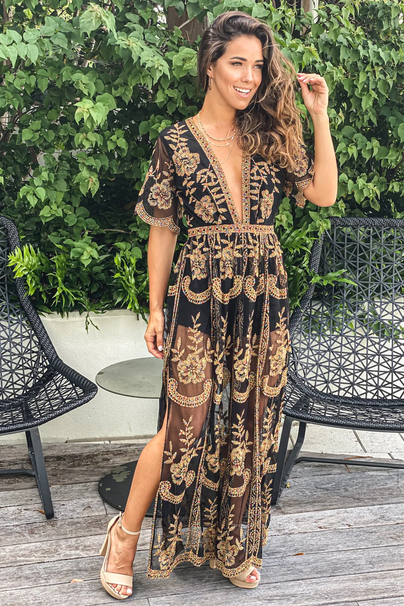 Black Multicolor Embroidered Lace Maxi Dress