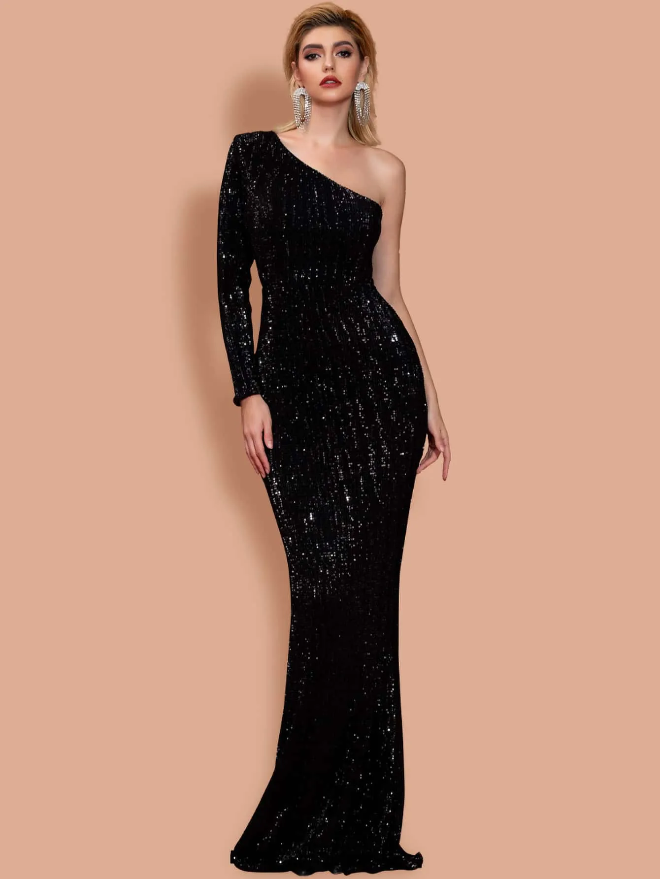 Black One Shoulder Sequin Bodycon Prom Dress