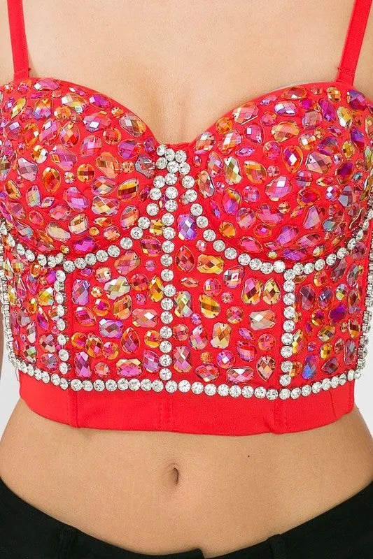 Black/Red Rainbow Rhinestone Pattern Stone Bustier