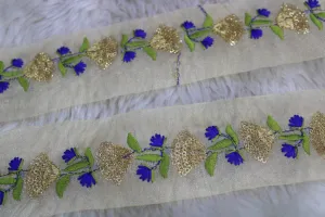 Blue Green Flowers Sequins and Thread Work Embroidered Border