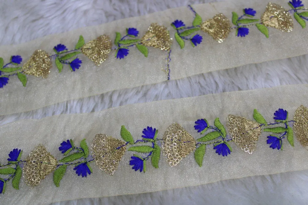 Blue Green Flowers Sequins and Thread Work Embroidered Border