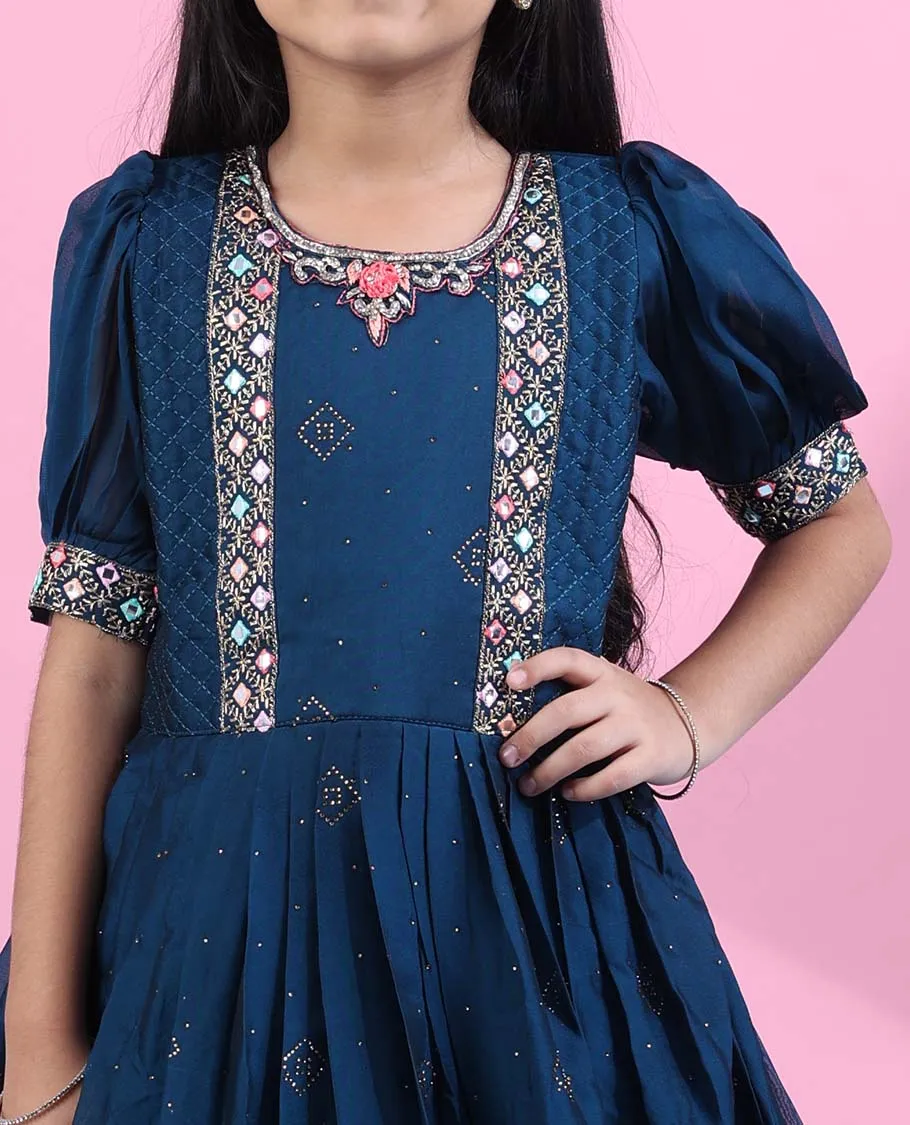 Blue micro-stone & multi-color thread embroidered & mirror work elbow-puff-sleeve readymade frock