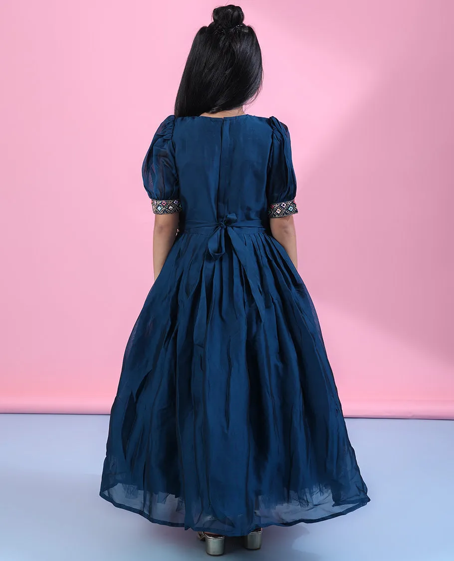 Blue micro-stone & multi-color thread embroidered & mirror work elbow-puff-sleeve readymade frock