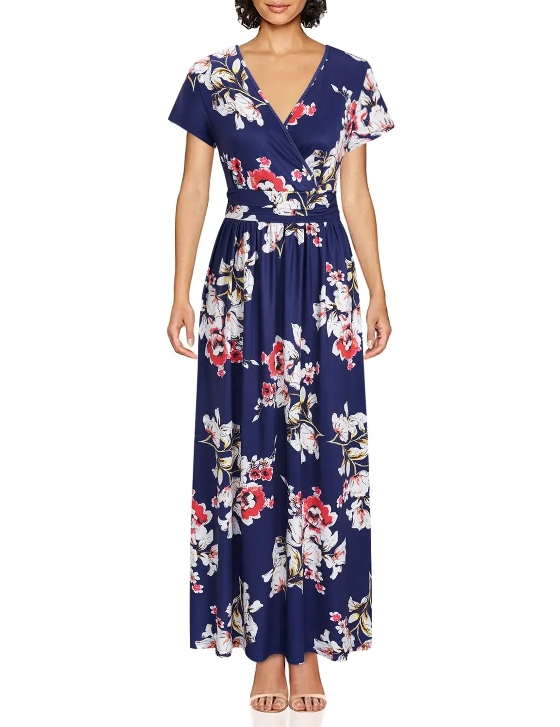Blue White Red Ladies Summer Casual V Neck Short Long Sleeve Floral Pattern Wrap Ladies Maxi Long Dress with Pockets - OUGES