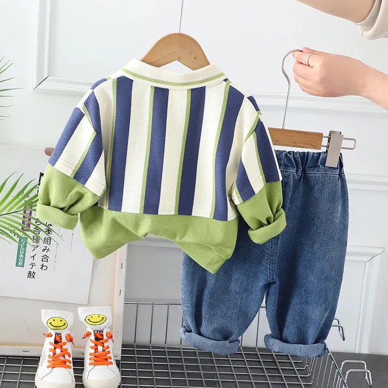 Boys Striped Green T-shirt and Jeans Set