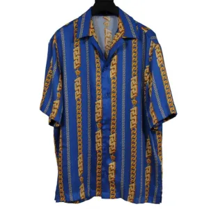 Chain Link Bowling Shirt Medium IT 48 Blue Gold Silk Short Sleeve