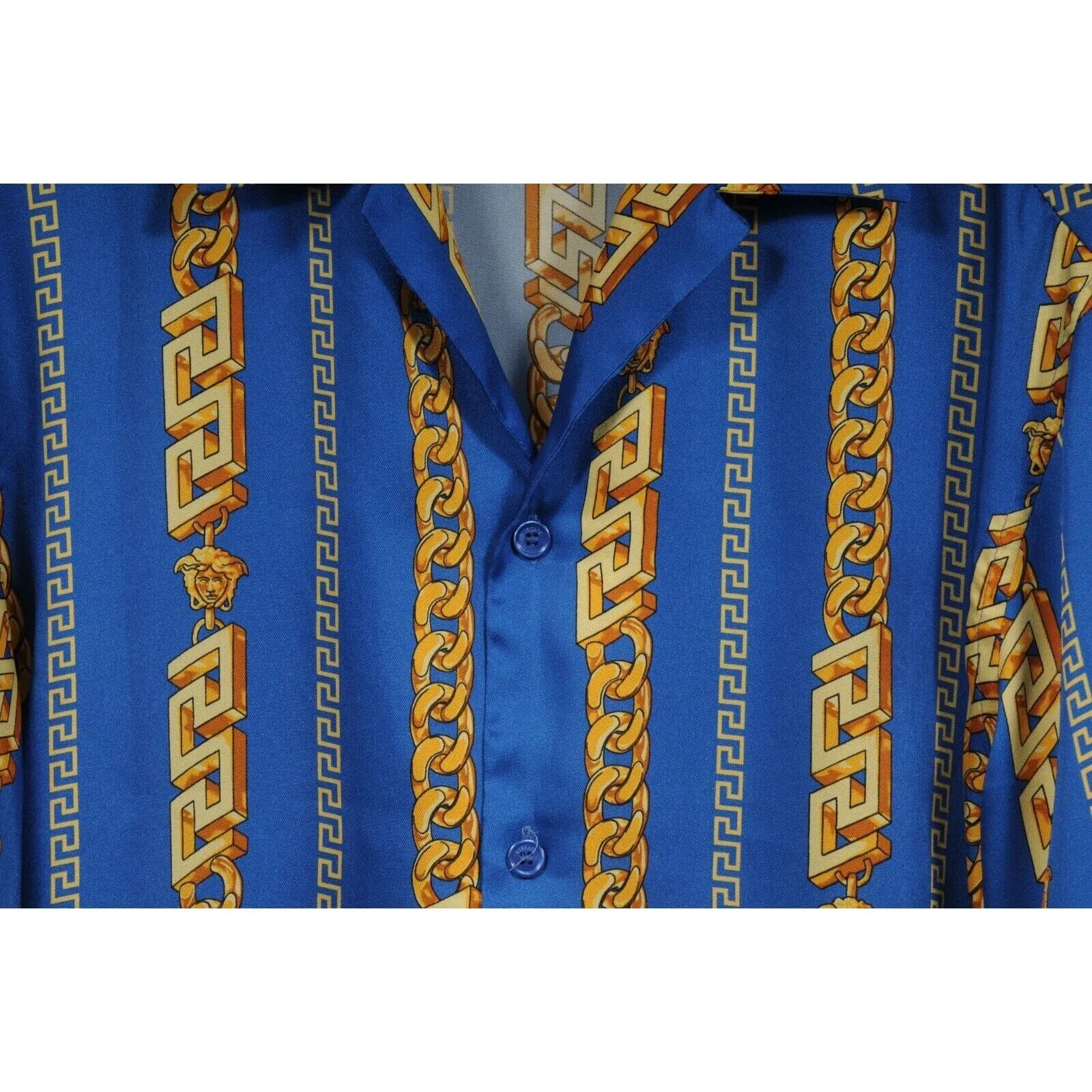 Chain Link Bowling Shirt Medium IT 48 Blue Gold Silk Short Sleeve