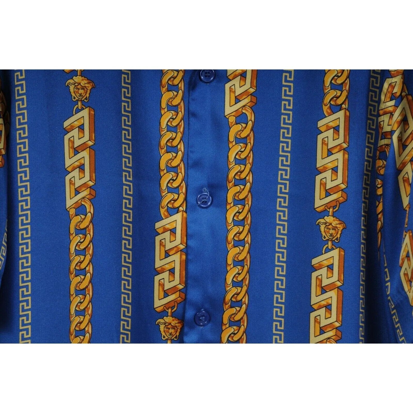 Chain Link Bowling Shirt Medium IT 48 Blue Gold Silk Short Sleeve