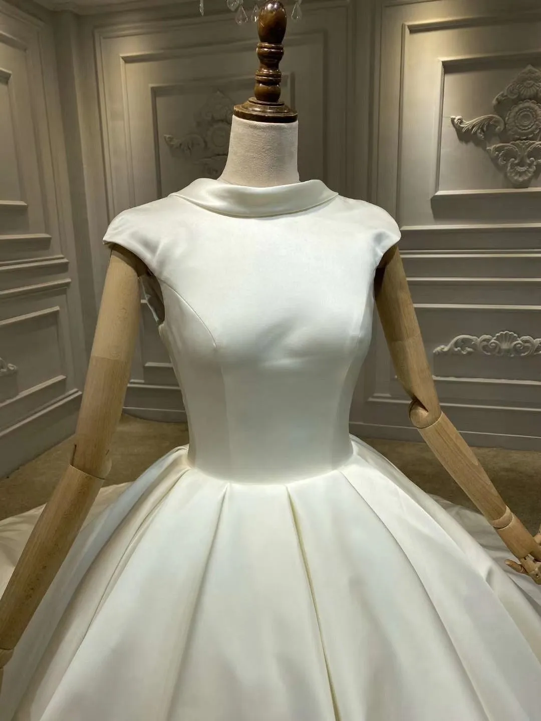 Chic high neck cap sleeves matte satin ball gown wedding dress