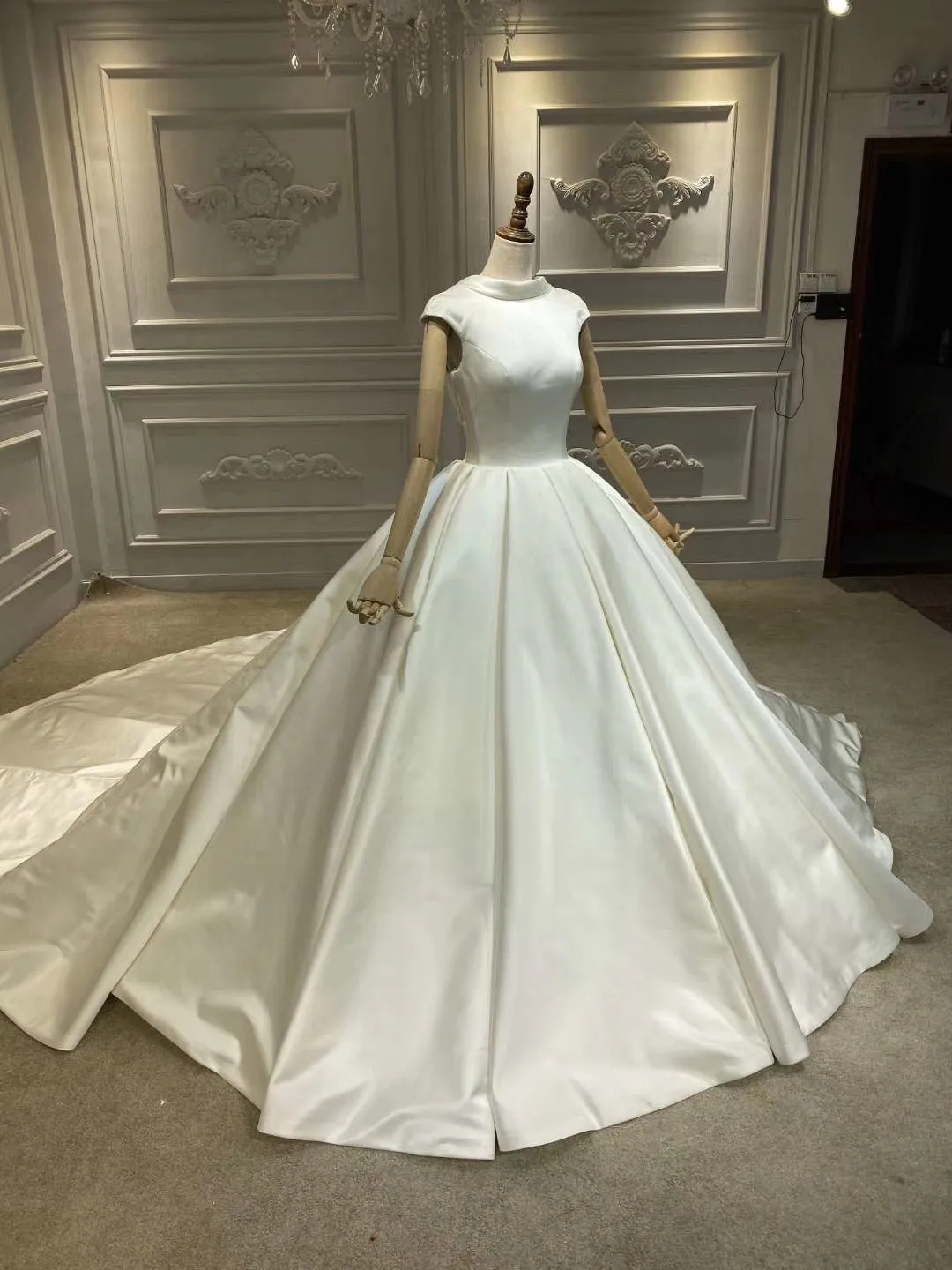 Chic high neck cap sleeves matte satin ball gown wedding dress