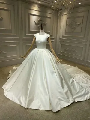 Chic high neck cap sleeves matte satin ball gown wedding dress