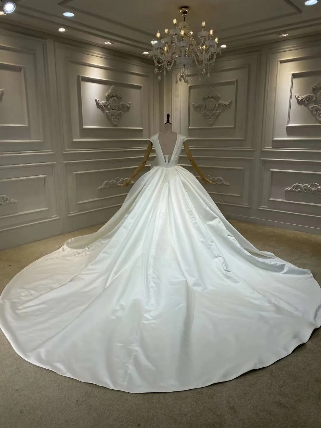 Chic high neck cap sleeves matte satin ball gown wedding dress