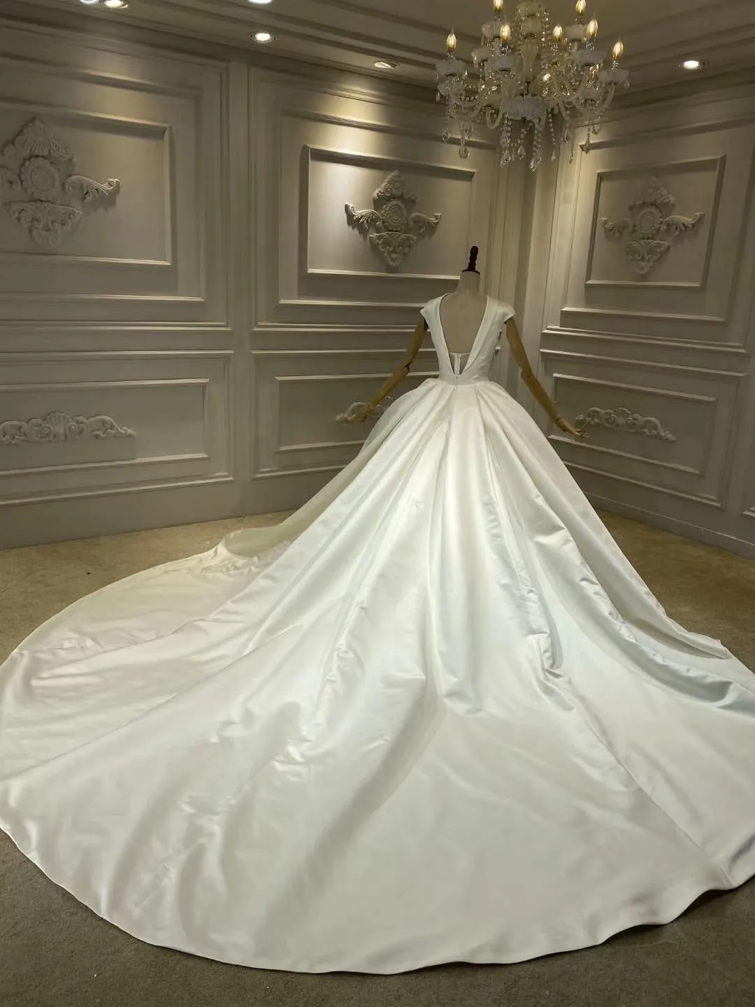 Chic high neck cap sleeves matte satin ball gown wedding dress