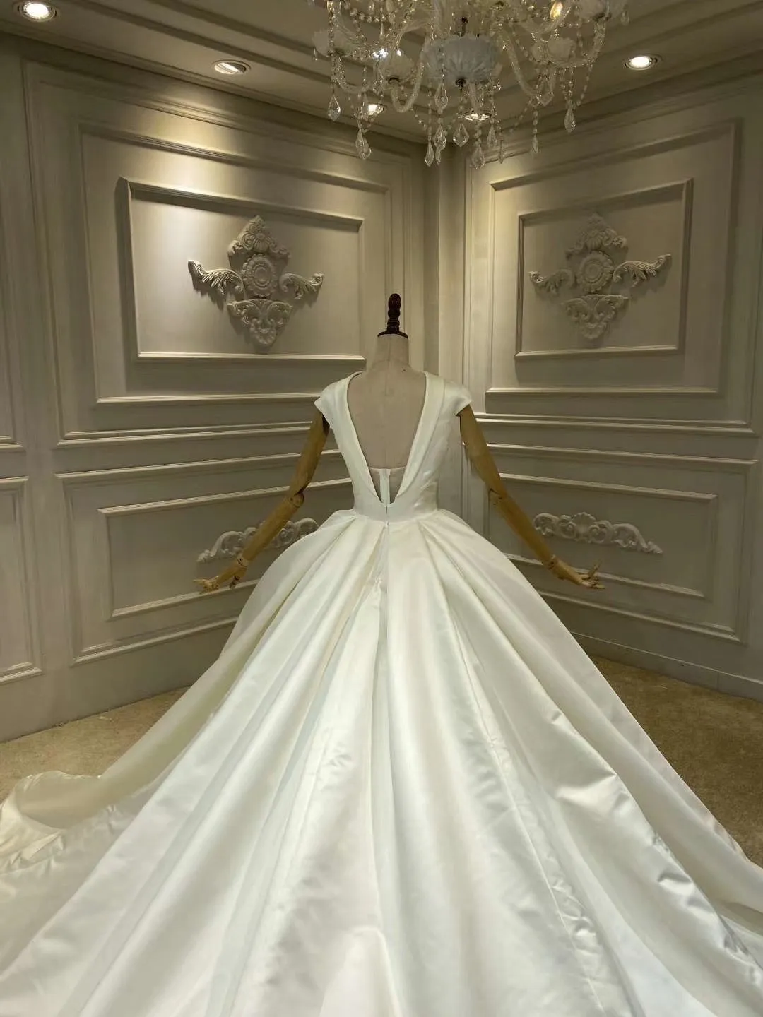 Chic high neck cap sleeves matte satin ball gown wedding dress