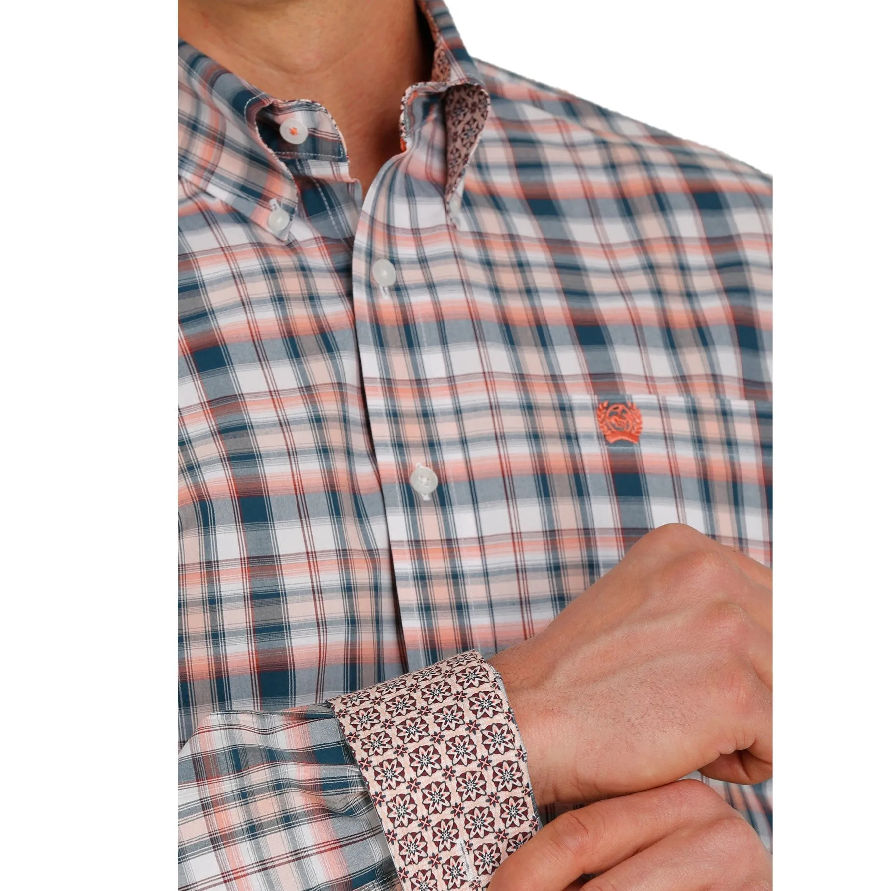 Cinch® Men's White & Coral Plaid Button Down Shirt MTW1105387