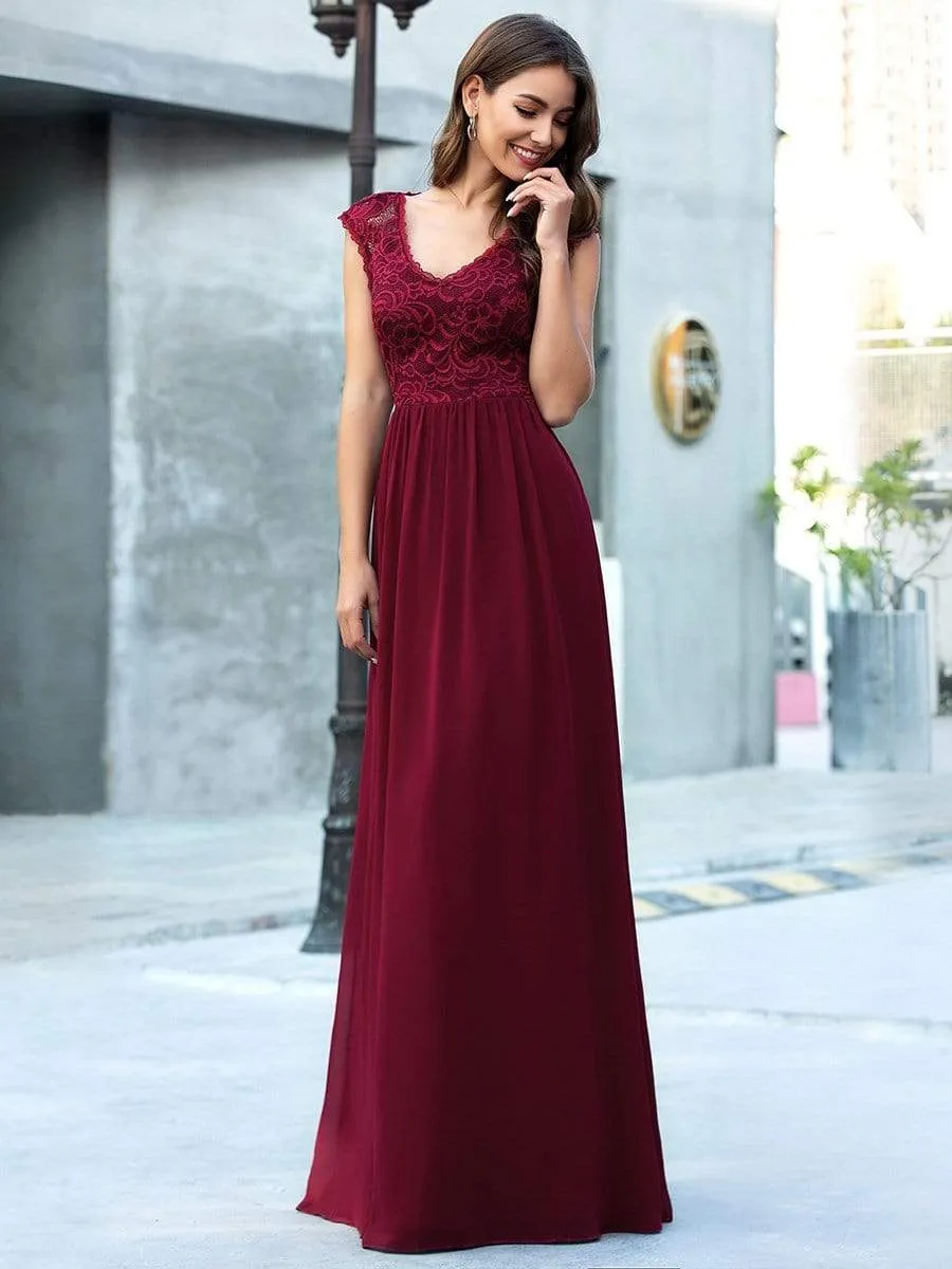 Classic Floral Lace V Neck Chiffon Evening Dress with Cap Sleeve