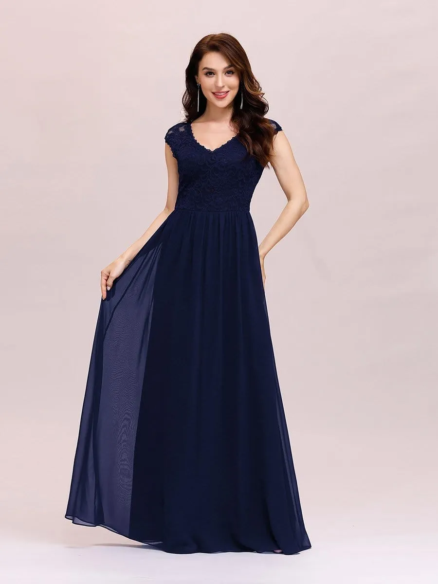 Classic Floral Lace V Neck Chiffon Evening Dress with Cap Sleeve