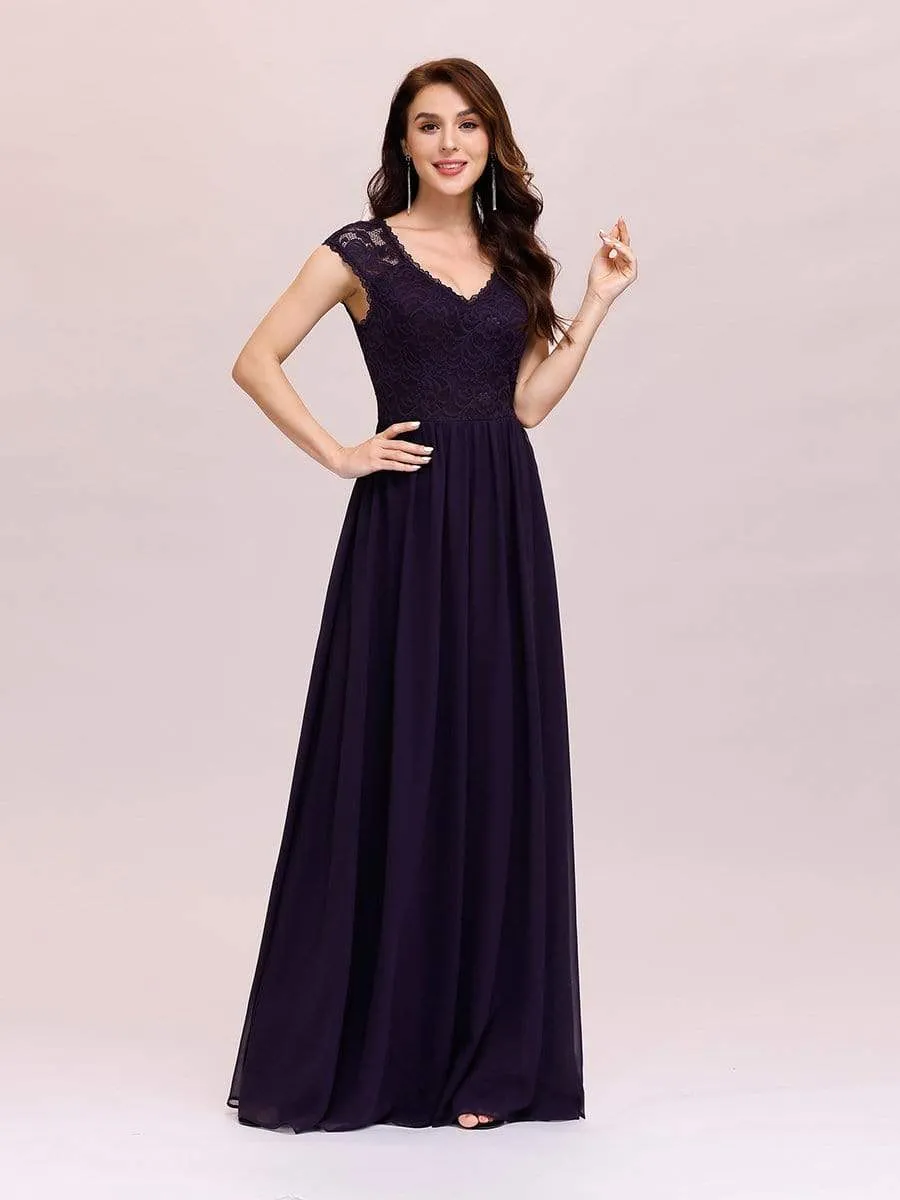 Classic Floral Lace V Neck Chiffon Evening Dress with Cap Sleeve