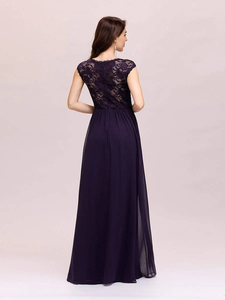 Classic Floral Lace V Neck Chiffon Evening Dress with Cap Sleeve