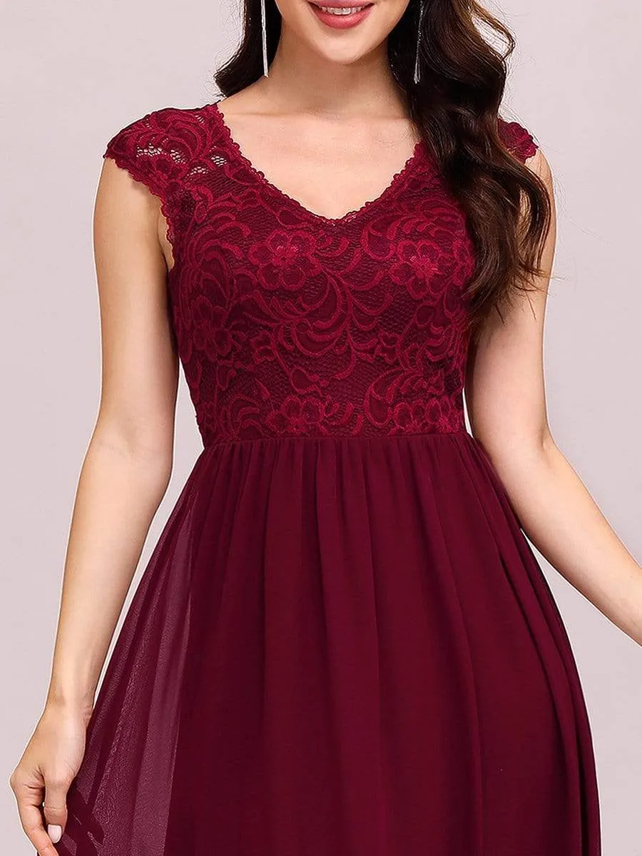 Classic Floral Lace V Neck Chiffon Evening Dress with Cap Sleeve