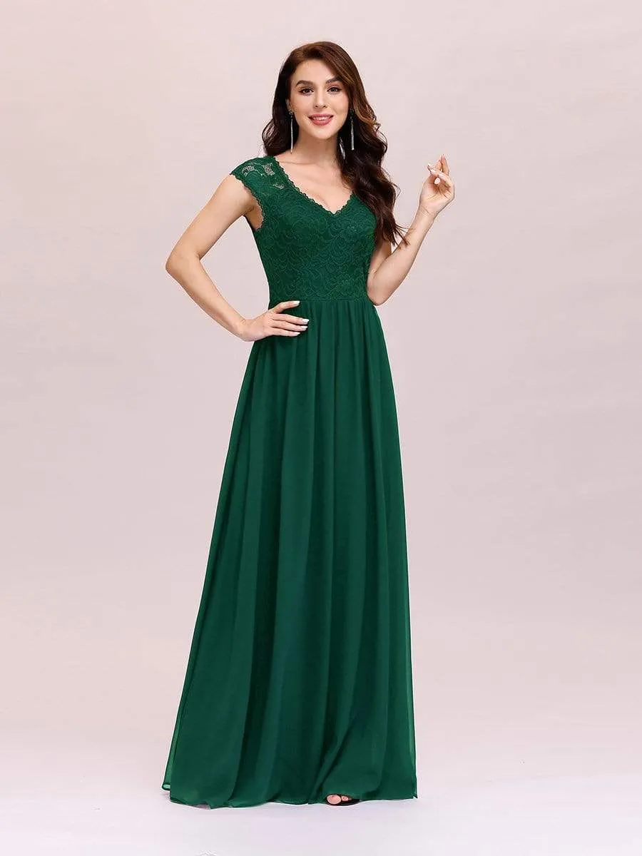 Classic Floral Lace V Neck Chiffon Evening Dress with Cap Sleeve